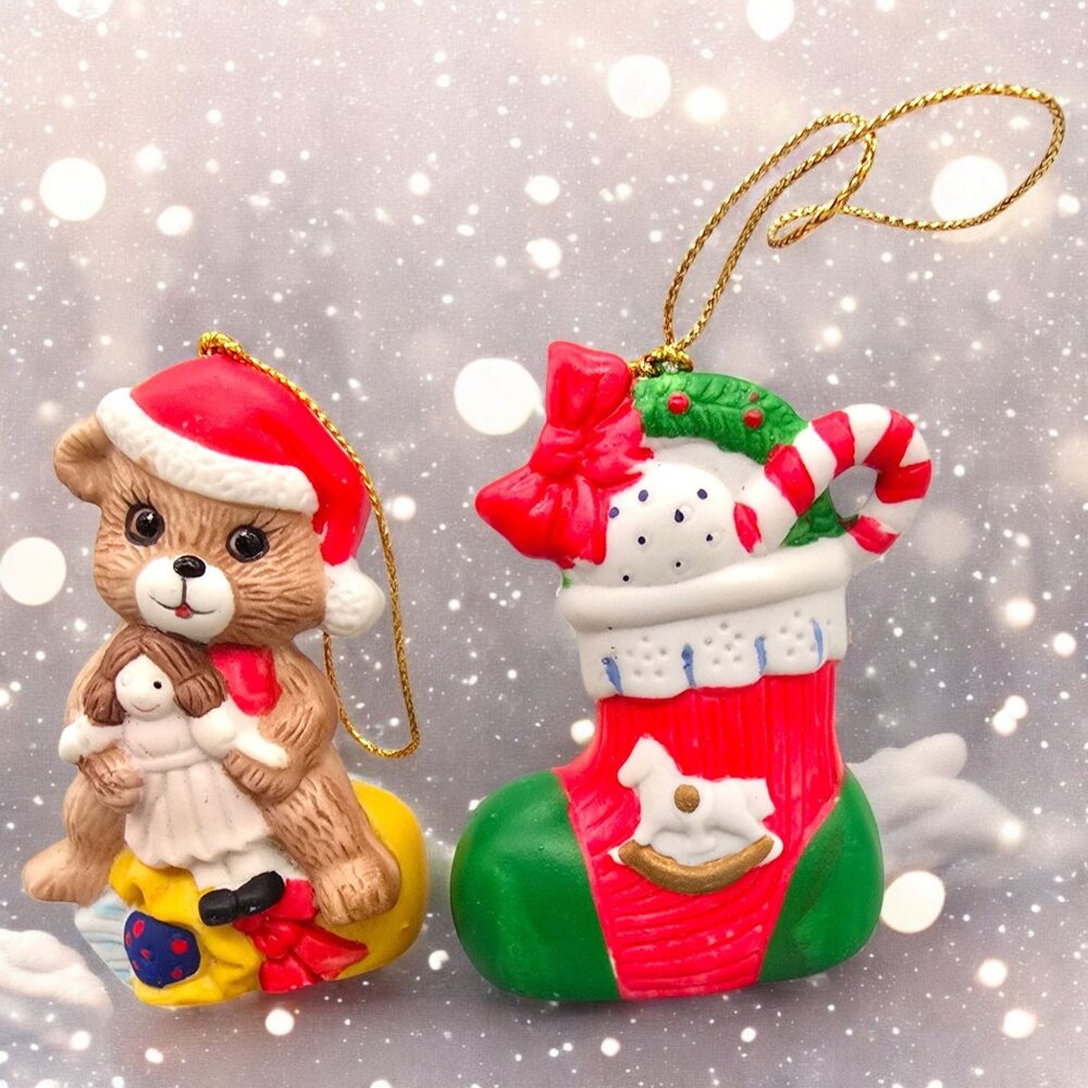 Vtg Christmas Bear & Stocking Hanging Ornaments 3" Tall Hand-Painted Resin